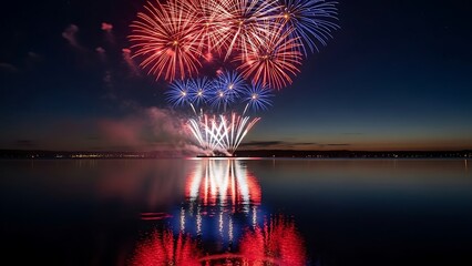 Vibrant Fireworks Display Over Calm Lake at Twilight Celebration Night Sky
