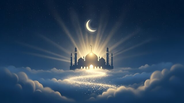 Isra Miraj Night With Glowing Mosque And Crescent Moon