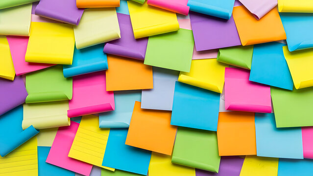 A vibrant assortment of colorful sticky notes arranged in a scattered pile on a flat surface viewed from directly above