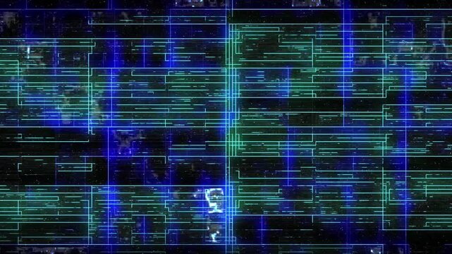 Digital glitch motion background with neon blue and green data grid lines on dark space