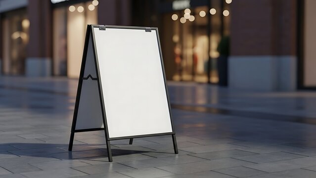Blank A-frame sandwich board sign on a city street at dusk.