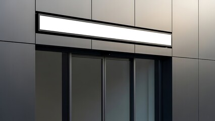 Modern Building Entrance with Blank Horizontal Signboard for Custom Text or Logo Display.