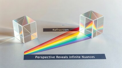 Transparent prisms refract white light into a vibrant rainbow spectrum, illustrating principles of optics and dispersion.