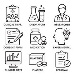 Clinical Study Icon Set &ndash; Clinical Trial, Laboratory, Research, Medication and Clinical Data Icons