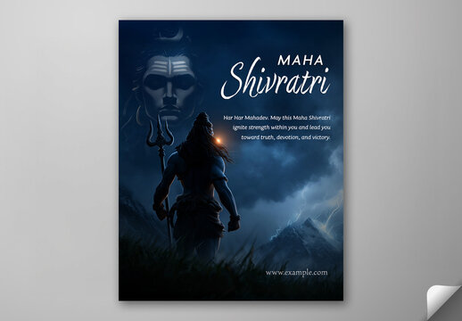 Happy Maha Shivratri Wishes Card, Editable Social Media Post Template with Lord Shiva Illustration and Foggy Mountain Background.