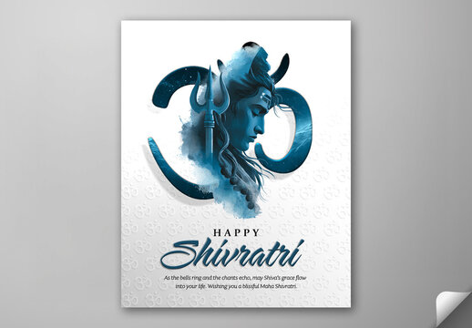Happy Maha Shivratri Greeting Card, Editable Social Media Post Template with Lord Shiva Illustration and Om Text Background in White and Blue Color Design.