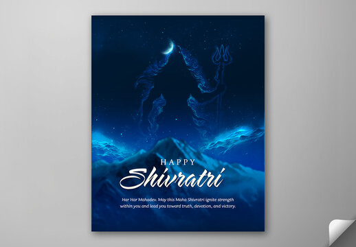 Happy Maha Shivratri Greeting Card, Editable Social Media Post Template with Lord Shiva Silhouette Holding Trishul in Blue Mountain Night Background.