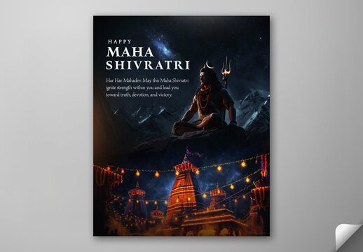 Happy Maha Shivratri Greeting Card, Editable Social Media Post Template with Lord Shiva Meditating Above Illuminated Temple and Mountain Night Background.