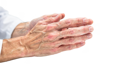 Clinic room setting with closeup of a patients hands conveying numbness and discomfort side angle perspective focusing on expressive hand movements without distractions.