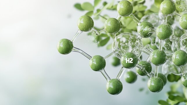 Green hydrogen molecule structure with water droplets and leaves in soft light, clean energy concept.