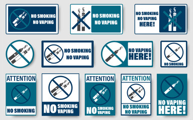 No smoking and no vaping warning sign collection. Prohibition notices with cigarette and vape icons