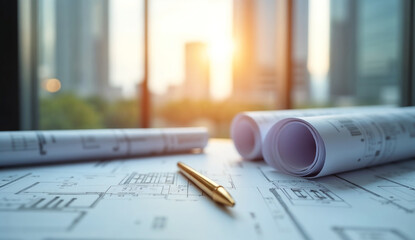 Close-up of architectural blueprints on a table with a pen, against modern skyscrapers background