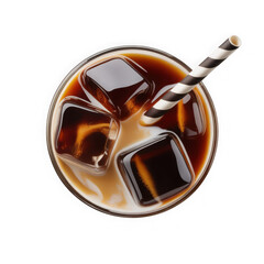 Top down iced coffee close up isolated on transparent background