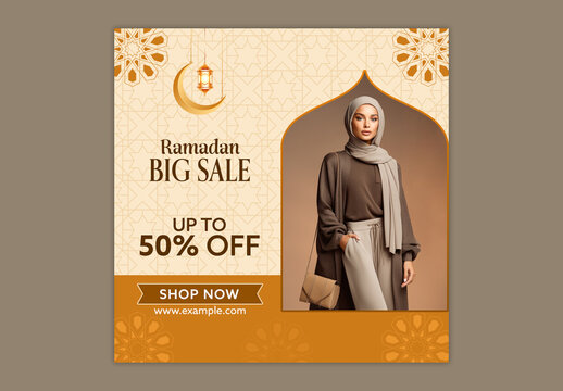 Editable Ramadan Big Sale Social Media Post Template with Fashion Model Photo and Up to 50 Percent Discount on Islamic Pattern Background.