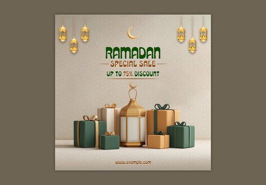Editable Ramadan Sale Social Media Post Template with Arabic Lanterns and Gift Boxes Offering Up to 75 Percent Discount on Beige Islamic Pattern Background.