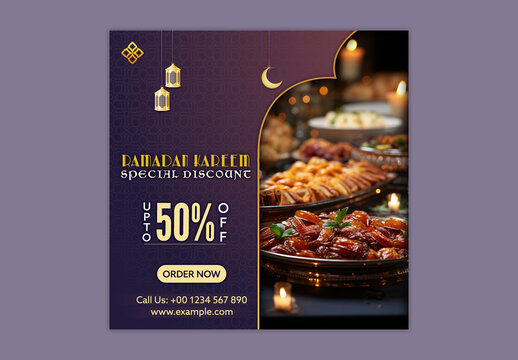 Editable Ramadan Kareem Restaurant Promotional Social Media Post Template with Iftar Buffet and 50 Percent Discount.