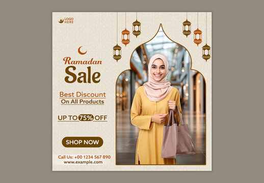 Editable Ramadan Sale Social Media Post Template with Smiling Muslim Woman Shopping in Mall and Up to 75 Percent Discount.