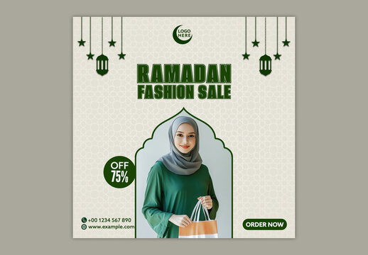Editable Ramadan Fashion Sale Social Media Post Template with Smiling Muslim Woman Holding Shopping Bag and 75 Percent Discount on Beige Islamic Pattern Background.
