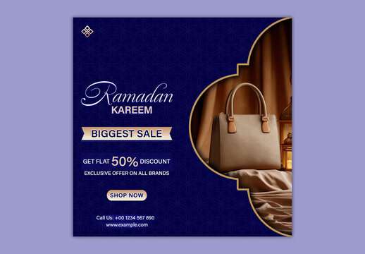 Editable Ramadan Kareem Biggest Sale Social Media Post Template with Handbag Product Display and 50 Percent Discount on Blue Islamic Pattern Background.