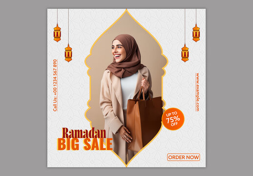 Editable Ramadan Big Sale Social Media Post Template with Smiling Muslim Woman Holding Shopping Bag and 75 Percent Discount on White Islamic Pattern Background.