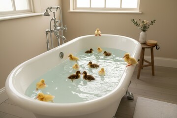 Group of adorable yellow and brown ducklings swimming in white bathtub in bright bathroom