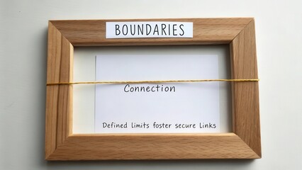 Wooden frame displays the concept of boundaries and connection with explanatory text, promoting clear relationships and limits.