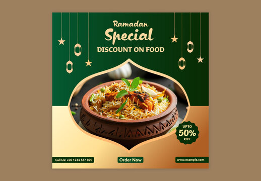 Ramadan Special Discount on Food, Editable Restaurant Social Media Post Template with Chicken Biryani Dish and 50 Percent Off on Green and Yellow Background.