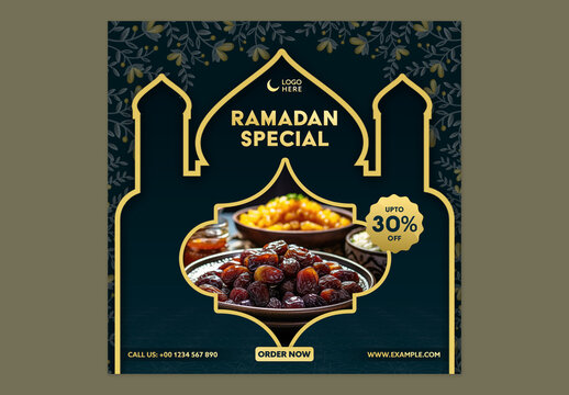 Ramadan Special Discount on Food, Editable Restaurant Social Media Post Template with 30 Percent Off on Golden and Black Silhouette Mosque Background.