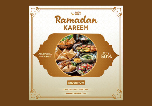 Ramadan Kareem Special Discount on Food, Editable Restaurant Social Media Post Template with 50 Percent Off on Brown and White Islamic Pattern Background.
