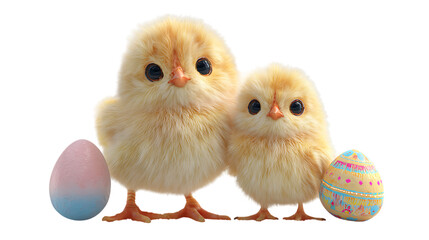 Baby chick with eggs on white background cute fluffy yellow bird