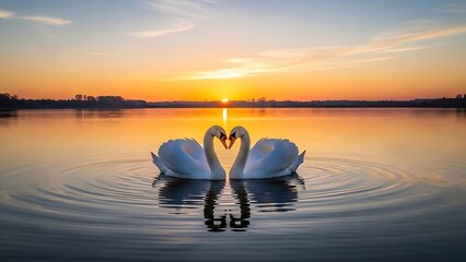 Two swans forming a heart shape on a serene lake at sunset
