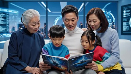 A multi-generational Asian family enjoys a science fiction story in their smart home, fostering imagination and connection in a modern, tech-savvy living room - Powered by Adobe