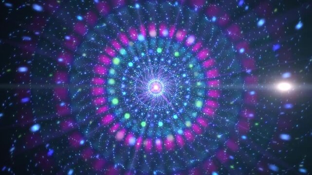 Abstract neon blue and pink particle spiral tunnel with glowing light flares in deep space background