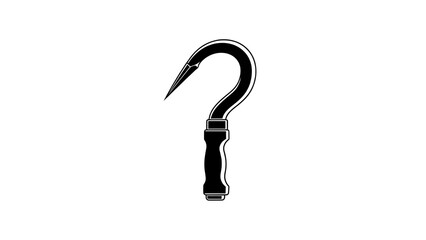 A creative monochrome design merging a sharp hook tool with a question mark form, featuring a curved hook top and a textured handle base, set against a plain white background.