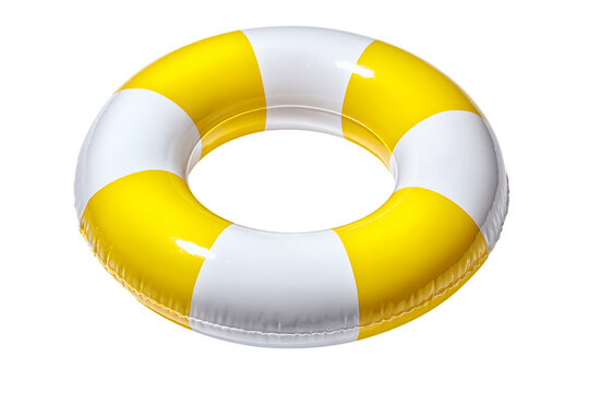 Yellow and white striped inflatable pool ring.