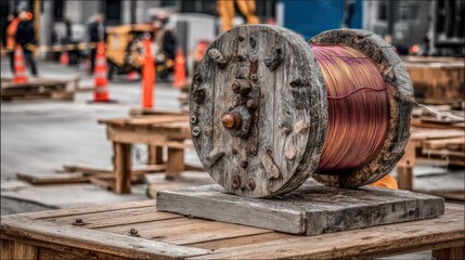 Aged wooden spool with copper wire, city construction backdrop