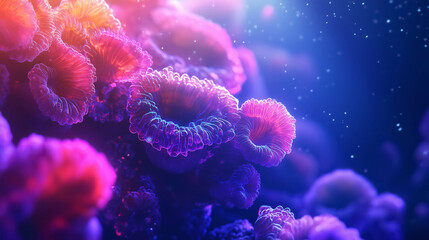 Abstract underwater nature background with glowing coral polyps in deep blue ocean. Sea ecosystem, marine biodiversity and natural beauty. Marine biology, environmental science, conservation projects.