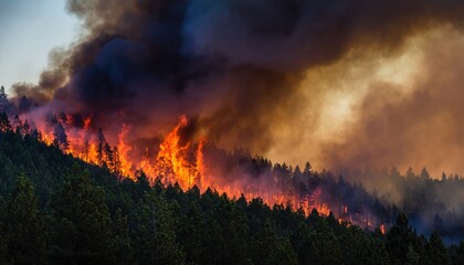 A massive forest fire with towering orange flames and thick dark smoke engulfing the trees