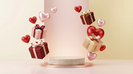 Valentine's Day Podium with Floating Hearts and Gifts, Romantic Setup
