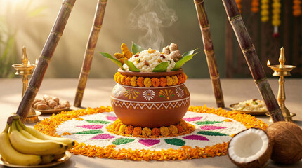 Pongal Harvest Festival: Decorated Clay Pot with Rice, Sugarcane and Bananas, Traditional Indian Celebration