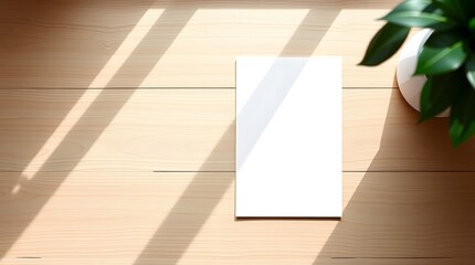 blank white paper mockup on wooden desk with natural light
