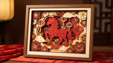 Chinese New Year Paper Cut Horse with Lanterns, Traditional Frame