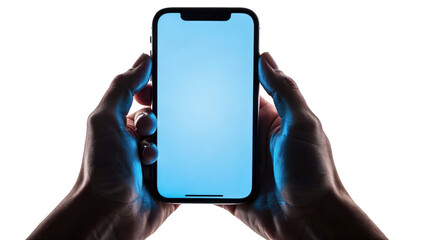 Closeup of hands holding a glowing smartphone with blue light reflecting on skin isolated on white symbolizing device use before sleep.