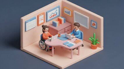 Accessibility in Focus: A rendered scene of a meeting room, illustrating the vital aspects of inclusion in the workplace and in daily living.
