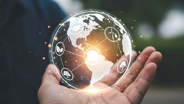 Global network connected by hand - Powered by Adobe