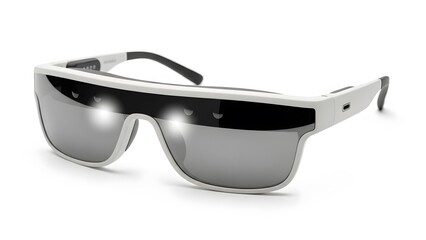 A pair of sleek silver futuristic sunglasses with dark lenses on a white background