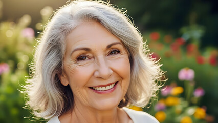 Golden Years Radiance: A senior woman glows with the serenity of wisdom, her smile mirroring the beauty of a garden, showcasing the gentle strength and grace of aging.