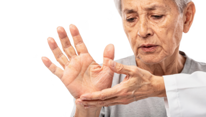 Senior individual demonstrating tingling sensation in hand palm facing up captured in natural gesture isolated on white background highlighting patientclinician interaction.