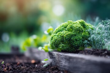 Fresh green broccoli grows organically in outdoor garden bed under natural sunlight