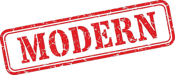 A distressed red rectangular stamp with the word modern prominently displayed in bold serif typeface is shown